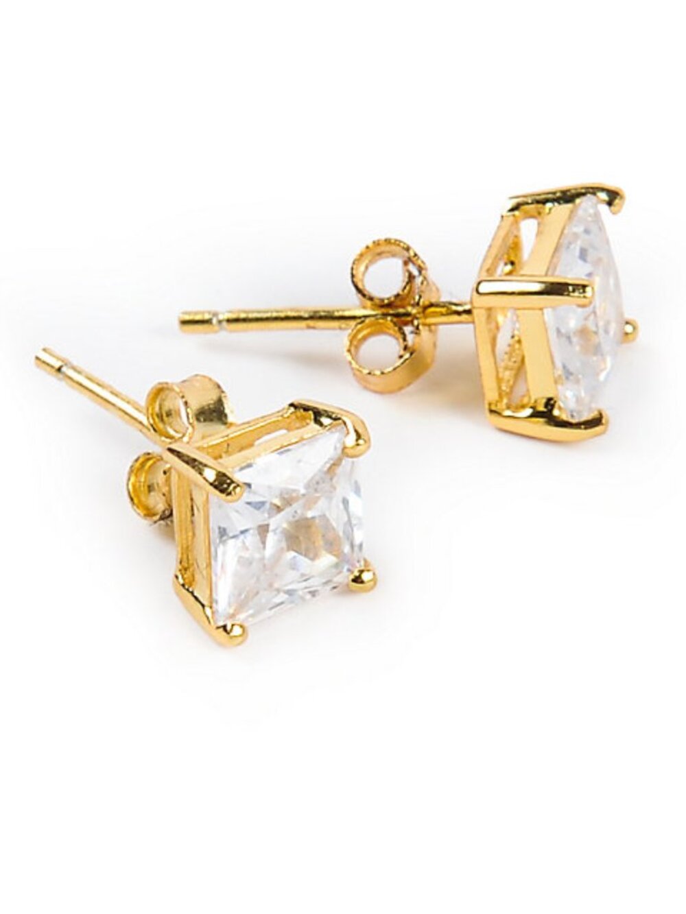 Gold Plated Sterling Silver 6mm Princess Cut CZ Basket Stud Earrings - Square